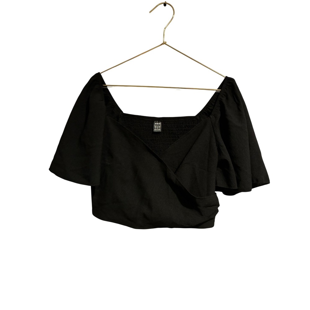 SHEIN Black Wrap Front Smocked Back Crop Top Short Flutter Sleeve Blouse Medium